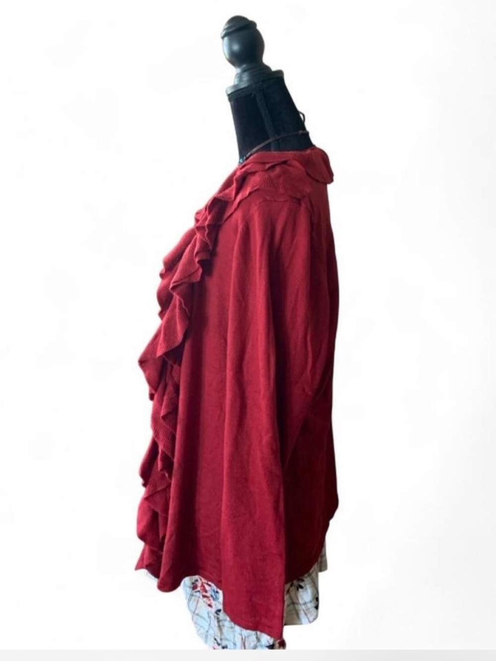 Cottagecore Red Ruffle Open-Front Women's Sweater Cardigan & floral slub tee - Picture 3 of 8